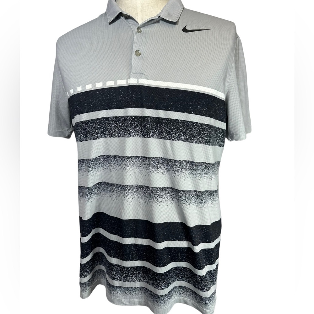 The Nike Polo Golf Mens Large Collared Shirt Grey Dri-Fit Black Stripe Vented